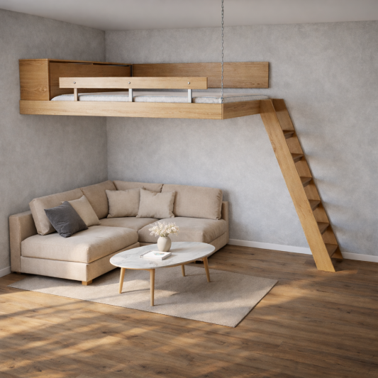 Patrová postel, rohová, zavěšená s peřiňákem